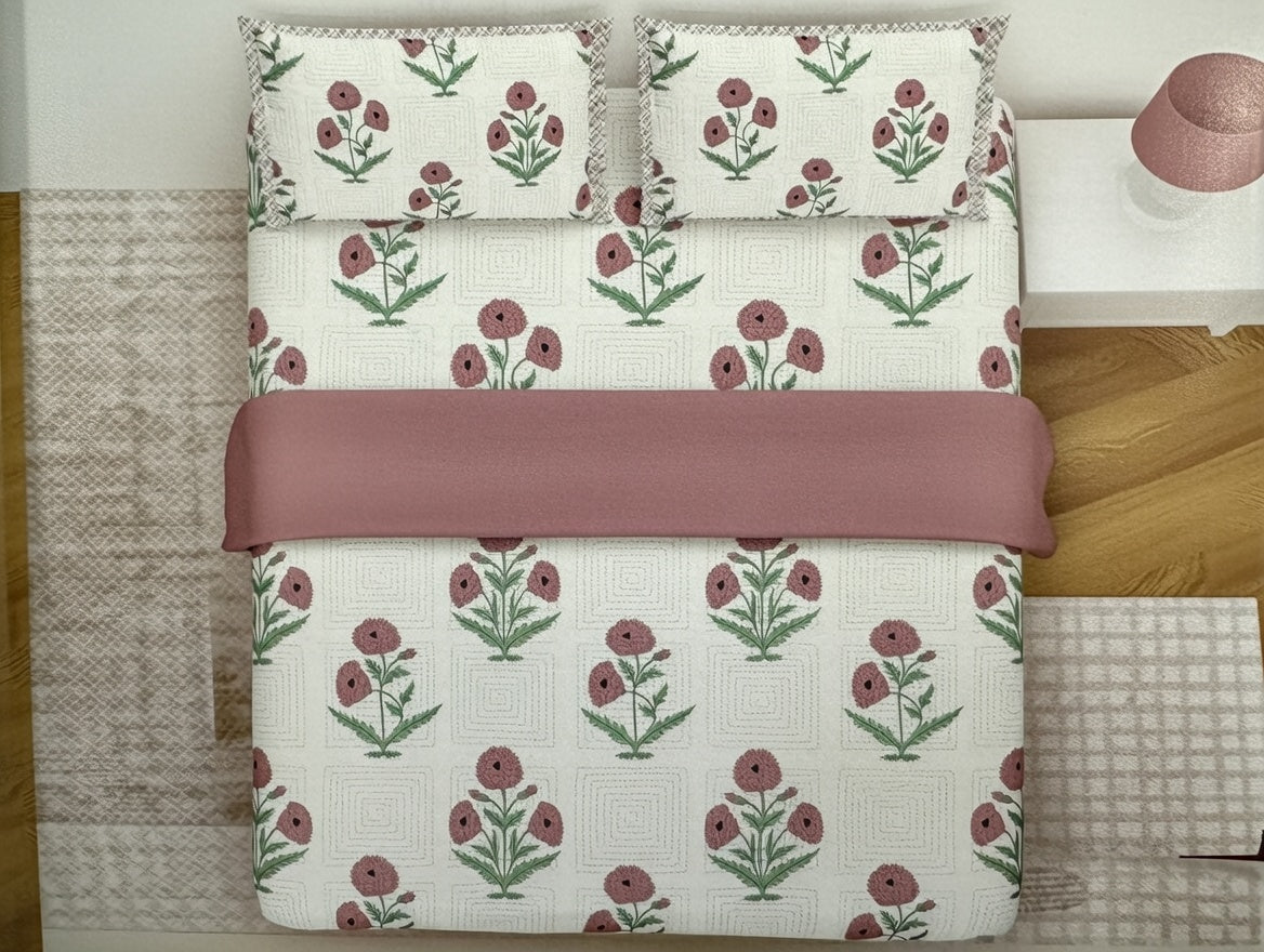 Premium King Size Jaipuri Hand Block Printed Kantha Work Cotton Bedsheet with 2 Designer Pillow Covers - Floral Poppy Motif, 108x108 Inches