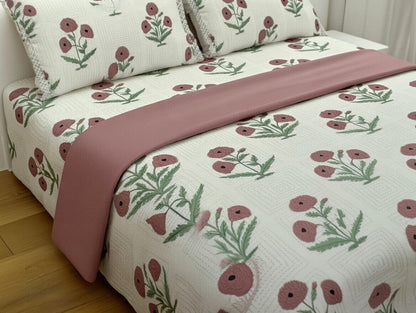 Premium King Size Jaipuri Hand Block Printed Kantha Work Cotton Bedsheet with 2 Designer Pillow Covers - Floral Poppy Motif, 108x108 Inches