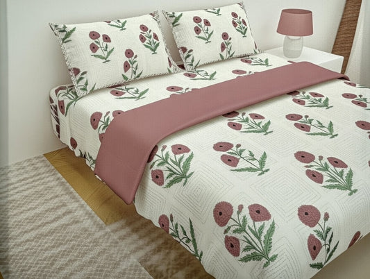 Premium King Size Jaipuri Hand Block Printed Kantha Work Cotton Bedsheet with 2 Designer Pillow Covers - Floral Poppy Motif, 108x108 Inches