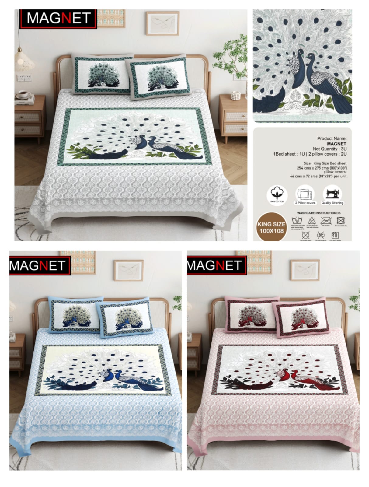 Jaipuri King Size Pure Cotton Bedsheet Set  Elegant Elephant & Red Lotus Print 100x108 Inches + 2 Pillow Covers