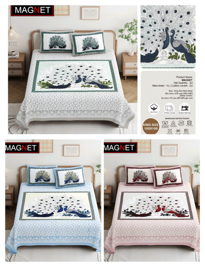 Jaipuri King Size Pure Cotton Bedsheet Set  Elegant Elephant & Red Lotus Print 100x108 Inches + 2 Pillow Covers